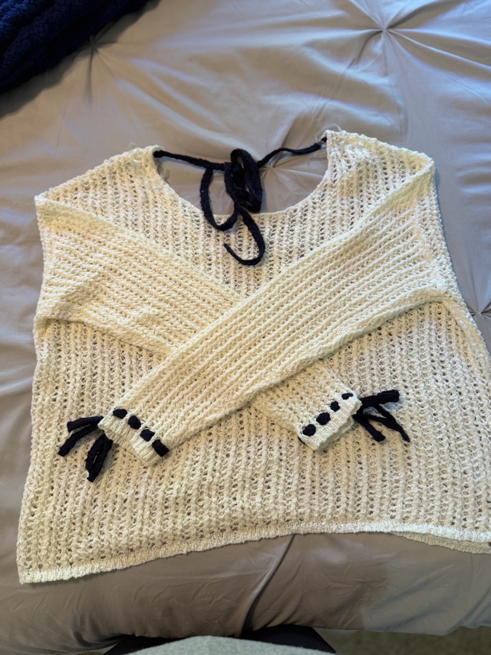 Cream Knit Scoop-Neck Sweater with Black Tie Accents